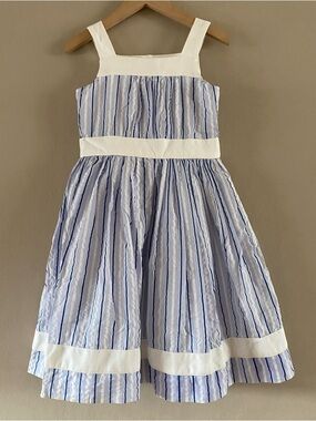 Papo D’Anjo Girl’s Blue White Striped Seersucker Party Dress Cotton Lined Size 5